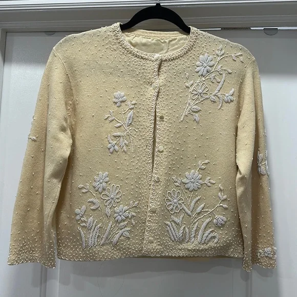 Vintage Sweaters Creamsoft Yellow Beaded Vintage Cardigan